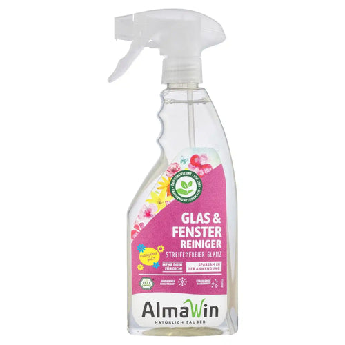 A bottle of AlmaWin glass and window cleaner spray with a white trigger sprayer and a pink label, shown on a plain white background.