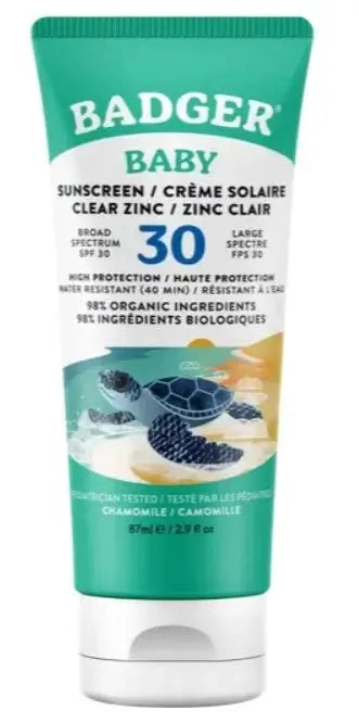 Badger Baby sunscreen tube with turtle illustration on a white background
