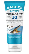 Badger Active sunscreen tube with blue and white design on a white background