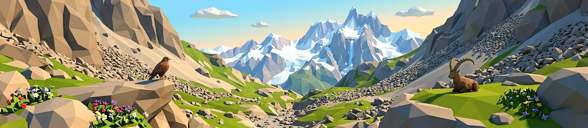 Mountain landscape with rocky terrain, green grass, and a clear blue sky.