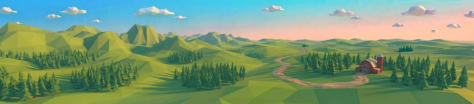 A stylized landscape illustration showing rolling green hills, pine trees, distant mountains, a winding dirt road, and a small red barn under a blue sky with clouds.