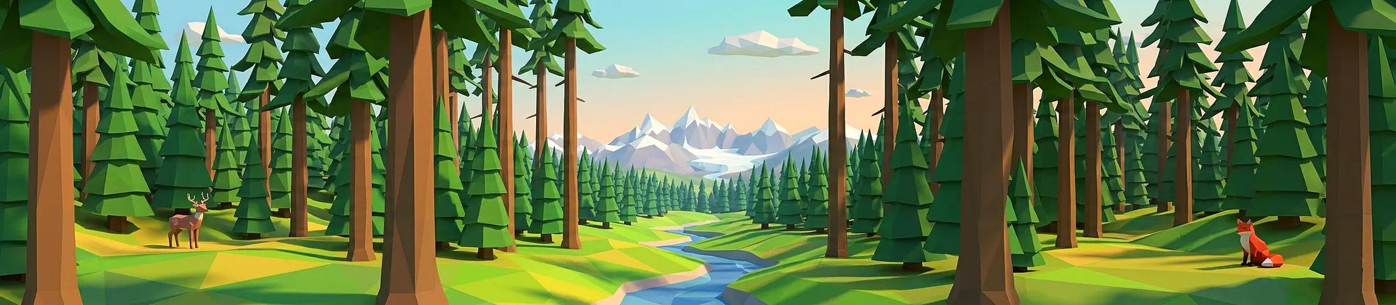 Animated forest scene with trees, a deer, and a stream.