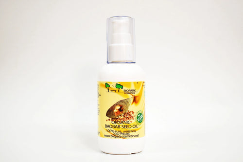Bottle of organic baobab seed oil with a yellow label on a white background