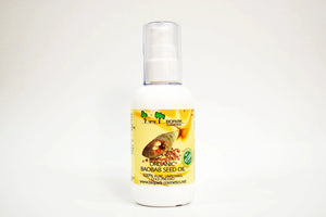 Bottle of organic baobab seed oil with a yellow label on a white background