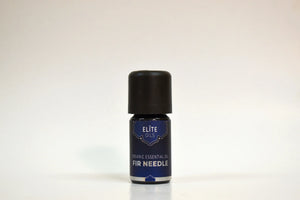Bottle of Elite Oils Fir Needle essential oil on a white background