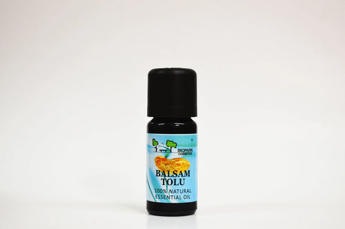 Bottle of Balsam Tolu essential oil on a white background