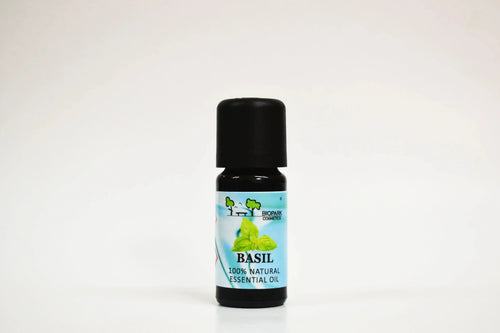 Bote de aceite esencial de albahaca sobre fondo blanco