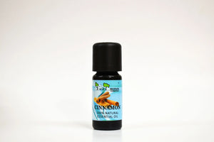 Botella de aceite esencial de canela sobre fondo blanco