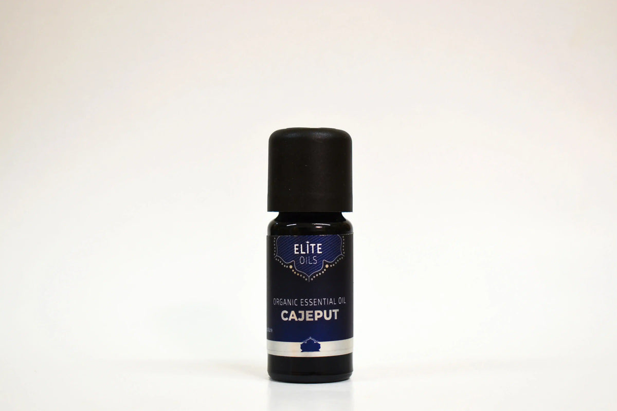 Bottle of Elite Oils Cajeput essential oil on a white background
