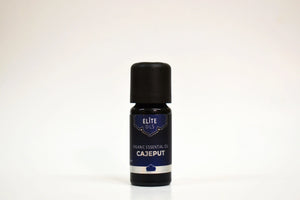 Bottle of Elite Oils Cajeput essential oil on a white background