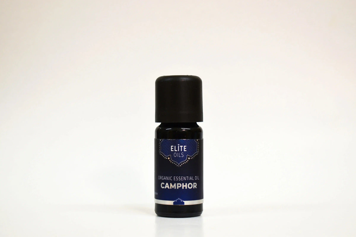 Bottle of Elite Oils Camphor essential oil on a white background