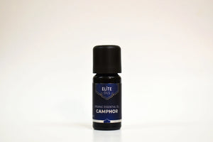Bottle of Elite Oils Camphor essential oil on a white background