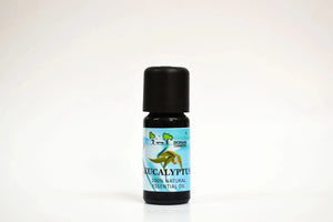 Bottle of eucalyptus essential oil on a white background
