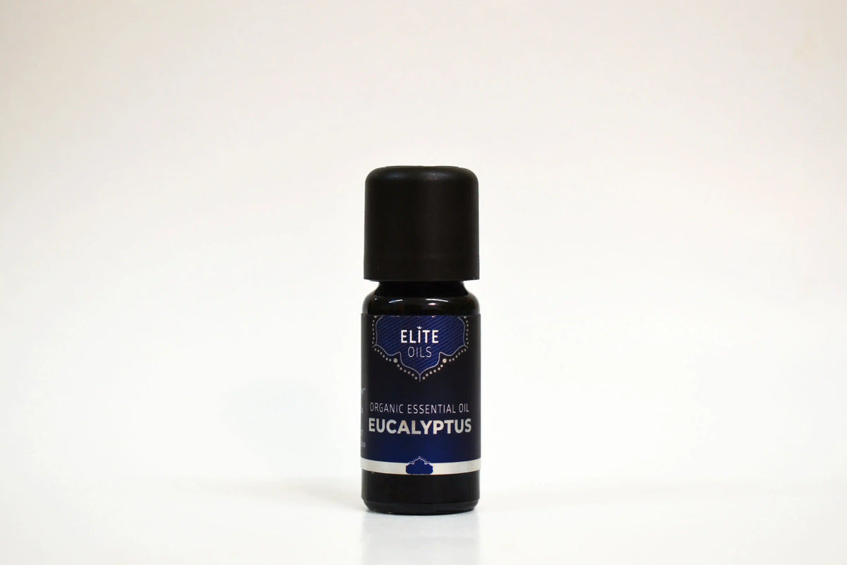 Bottle of Eucalyptus essential oil with a black cap on a white background
