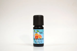 Grapefruit essential oil bottle with a blue label on a white background