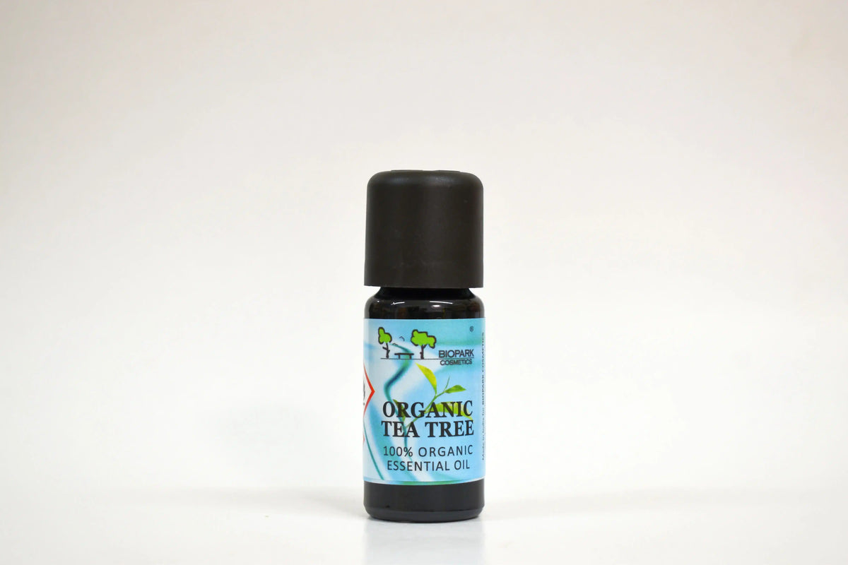 Bote de aceite esencial orgánico de árbol de té sobre fondo blanco