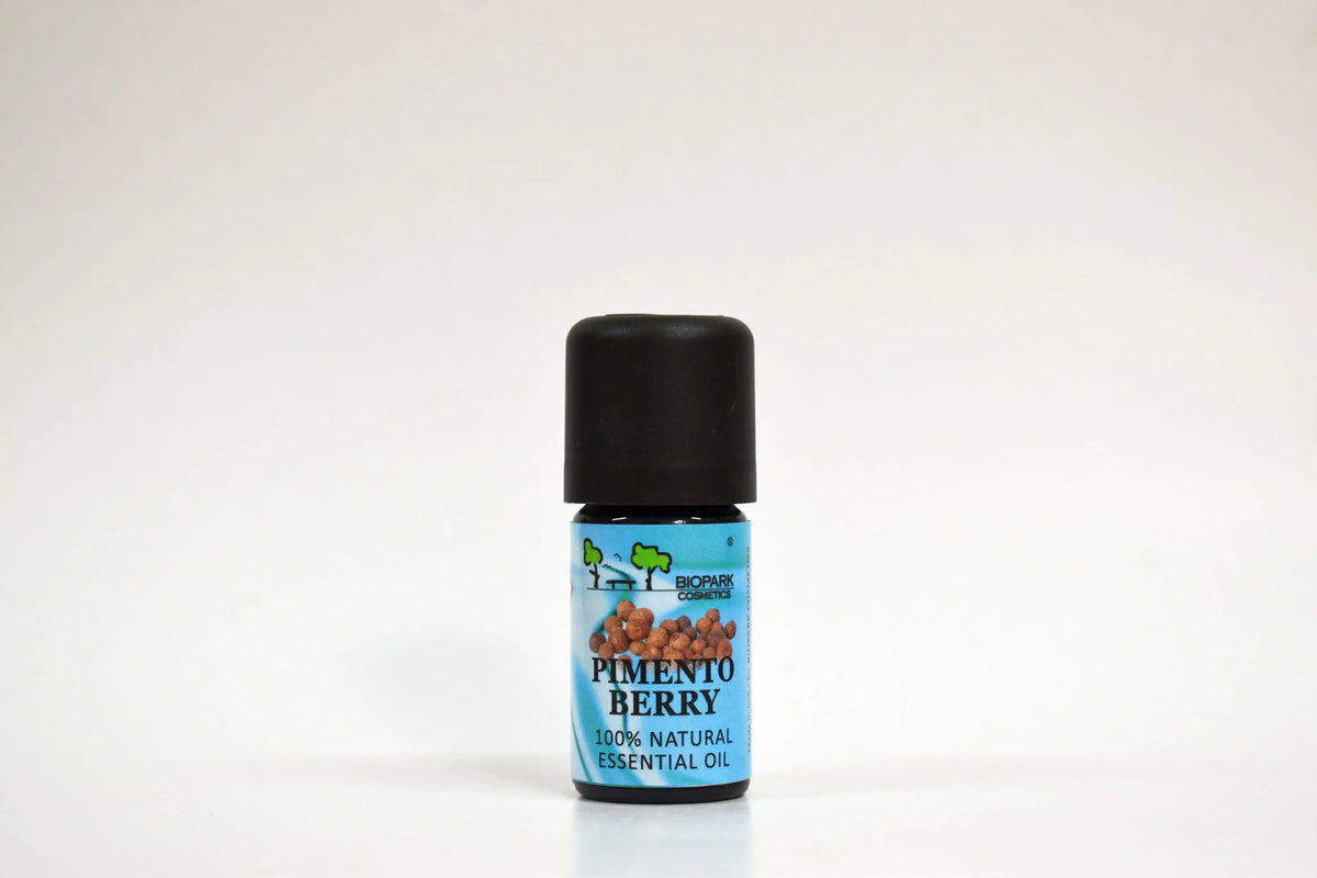 Bottle of Pimento Berry essential oil on a white background