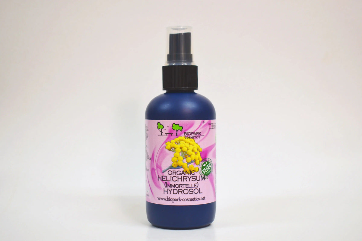 Bottle of organic helichrysum hydrofol on a white background