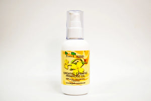 Bottle of organic evening primrose oil with a yellow label on a white background