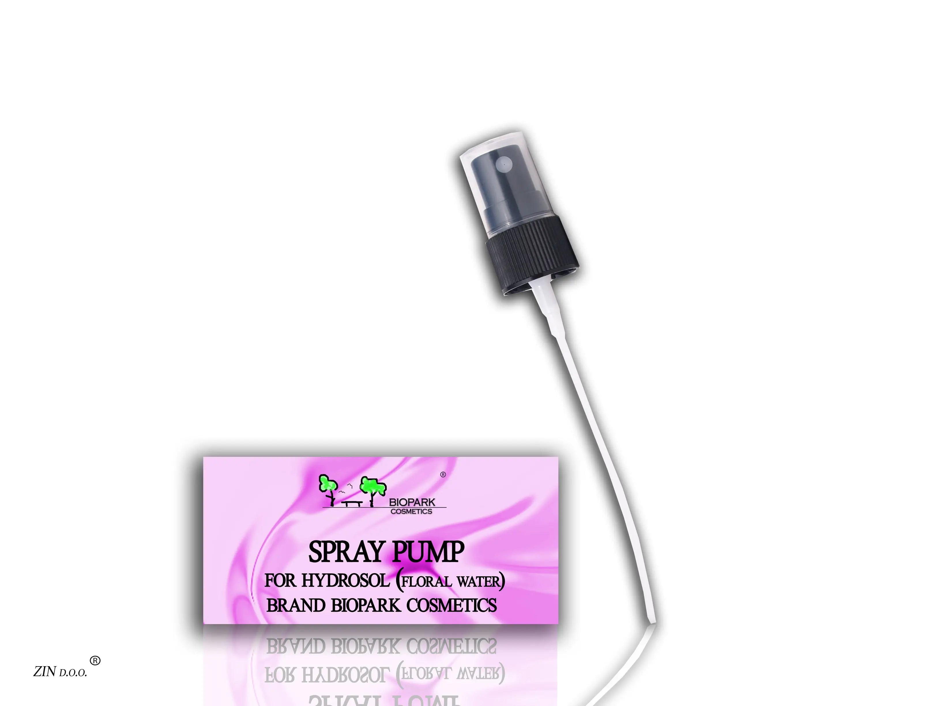 Spray pump for hydrocolloid on a white background with Biopark Cosmetics branding.