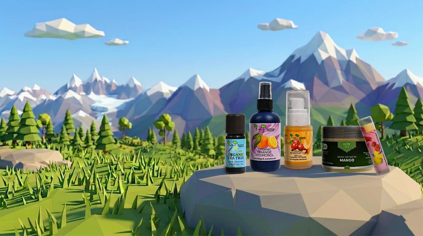 Supplement bottles on a rock with a mountainous landscape in the background