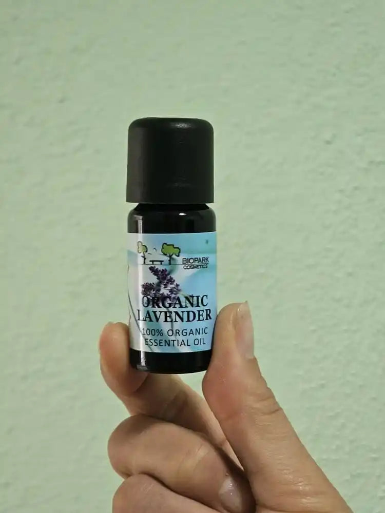 A hand holding a small bottle of BioRxan Organics Organic Lavender 100% Organic Essential Oil against a textured light green wall.