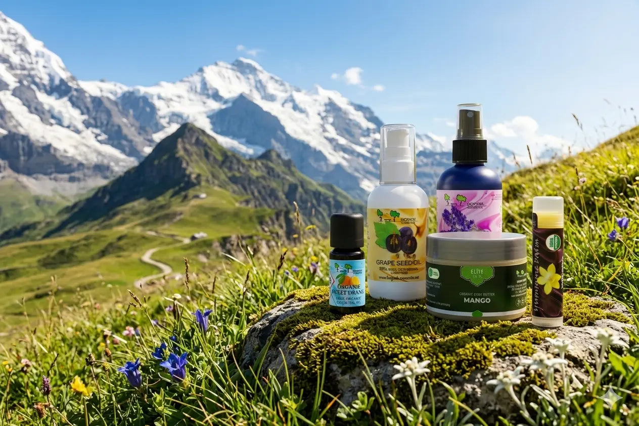 Collection of skincare products on a rock with mountains in the background