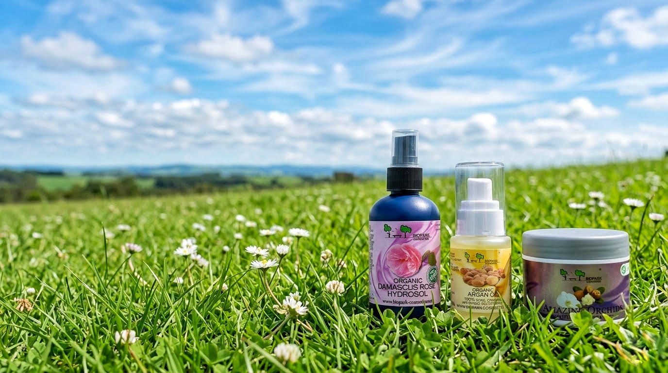 Three skincare products on grass with a blue sky and clouds in the background