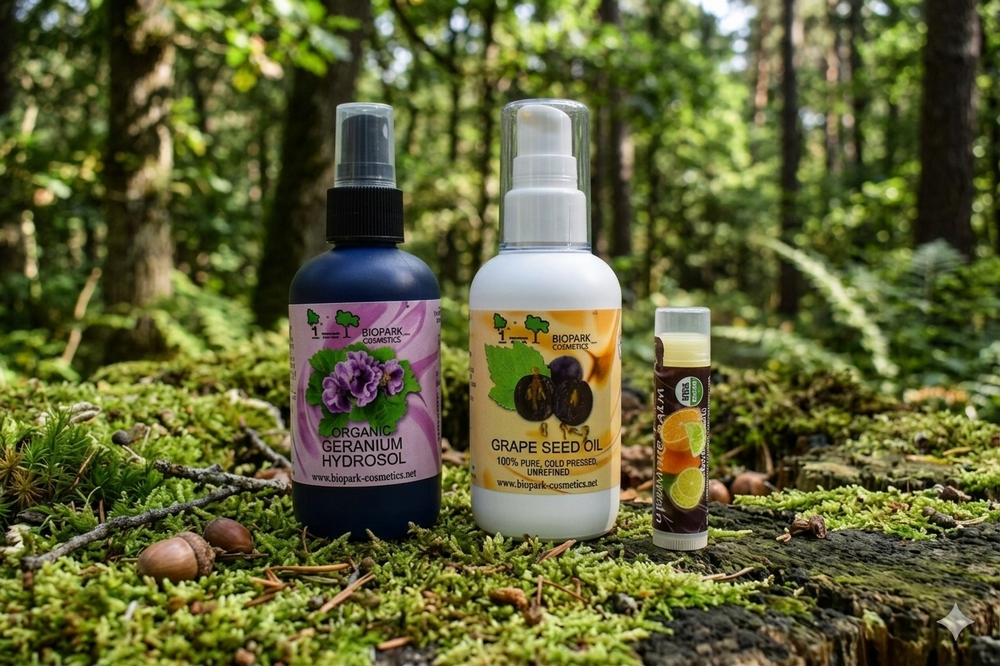 Three bottles of organic skincare products on a forest floor with greenery in the background