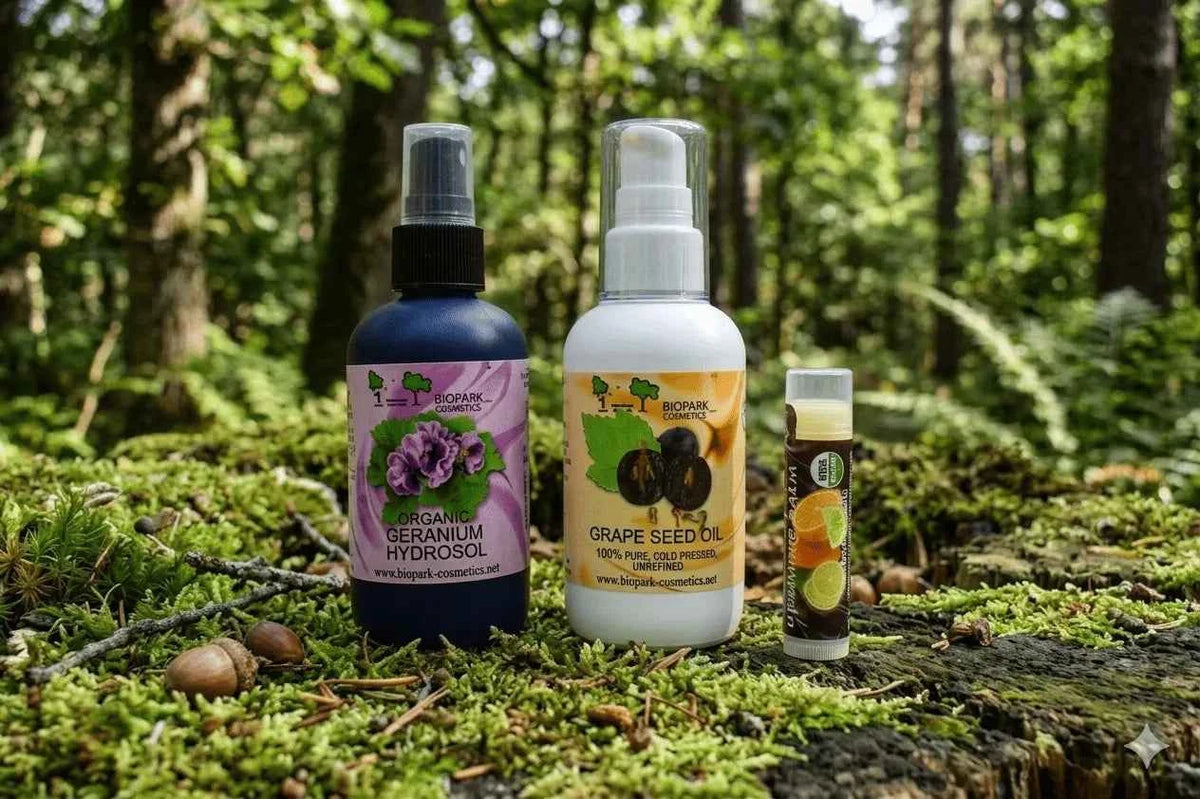 Three bottles of organic skincare products on a forest floor with greenery in the background