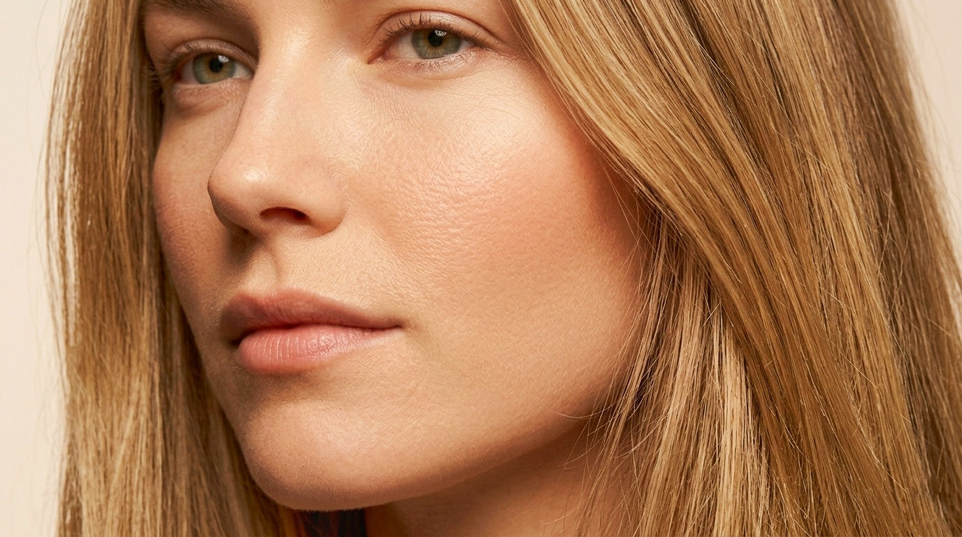 Close-up of a person with blonde hair and neutral expression on a beige background