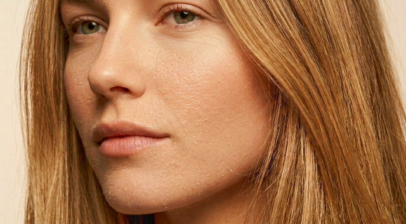 Close-up of a person with blonde hair and fair skin against a neutral background