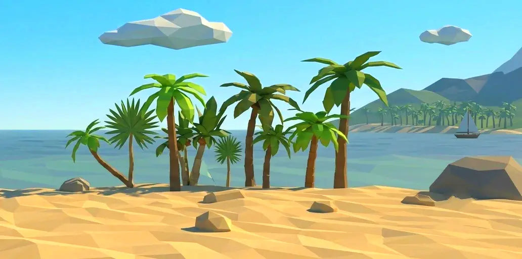 Cartoon beach scene with palm trees, sand, and water under a blue sky.