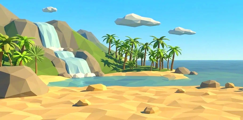 Tropical island with a waterfall, palm trees, and a clear blue sky.
