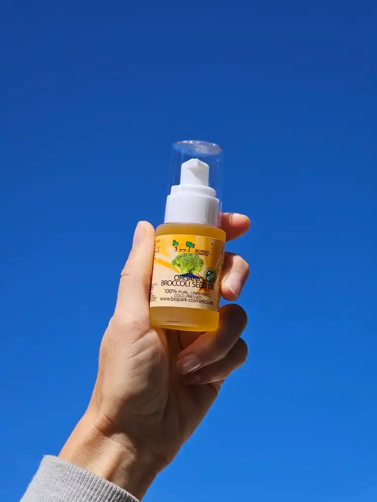 A bottle of biopark cosmetics broccoli seed oil