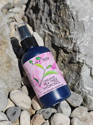 A bottle of BioPark Organics Organic Tea Tree Hydrosol, featuring a dark blue bottle and a pink label with green leaves, resting on a bed of gray pebbles and rocks.