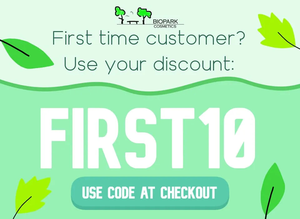 Promotional graphic for Biopark Commerce offering a first-time customer discount. The design features a light green background with a darker green wavy line, large white text reading 'FIRST10', and a teal button below that says 'USE CODE AT CHECKOUT'.