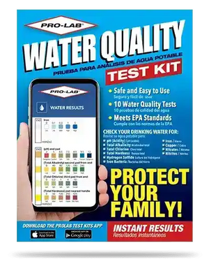 Pro-Lab water quality test kit packaging with smartphone app display.