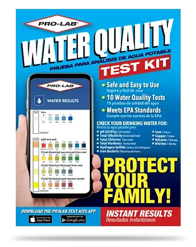 Pro-Lab water quality test kit packaging with smartphone app display.