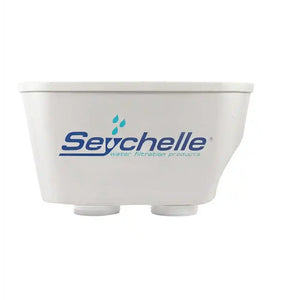 Seychelle water filtration products including a large white container, filter, and funnel on a white background.
