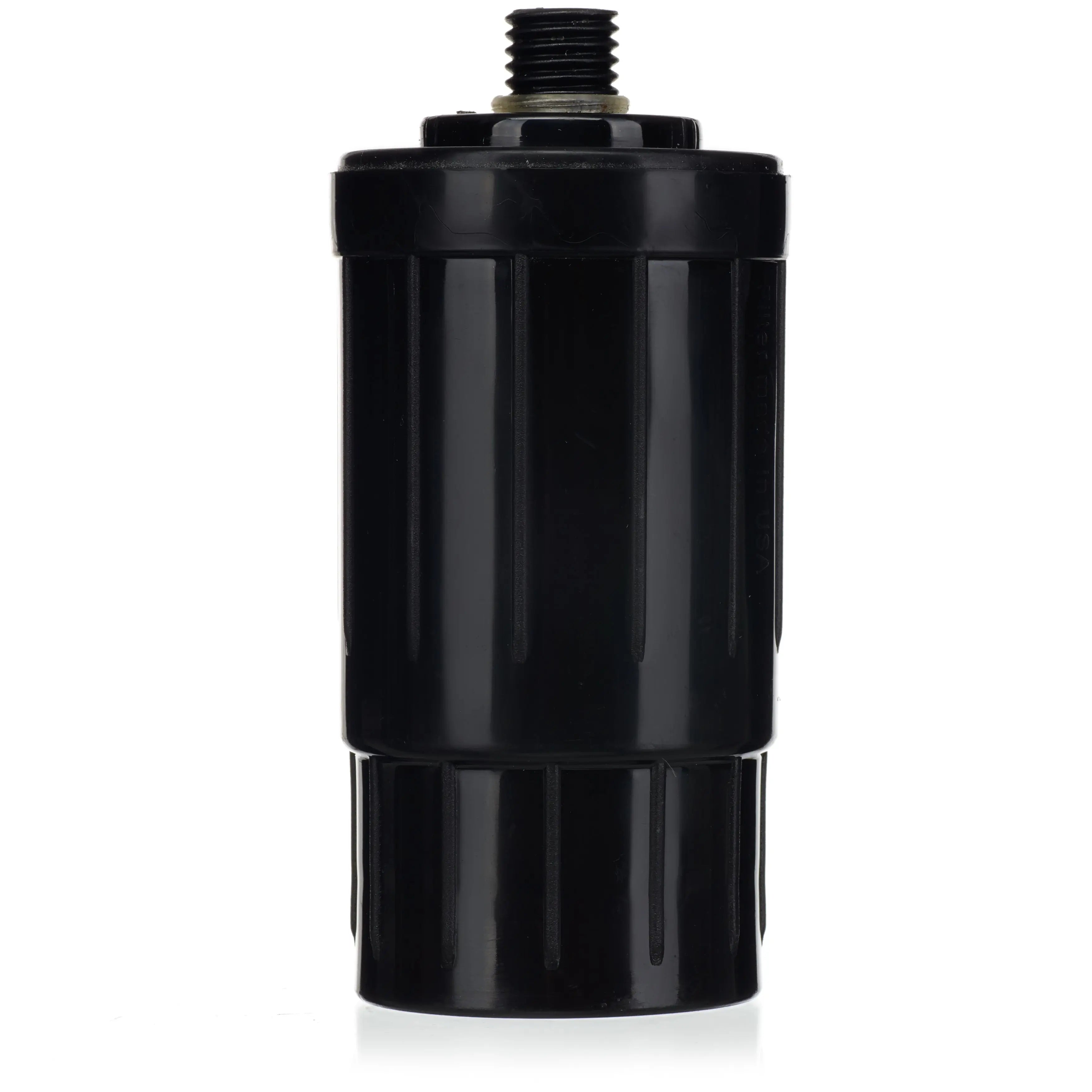 Black cylindrical object with threaded top on a white background