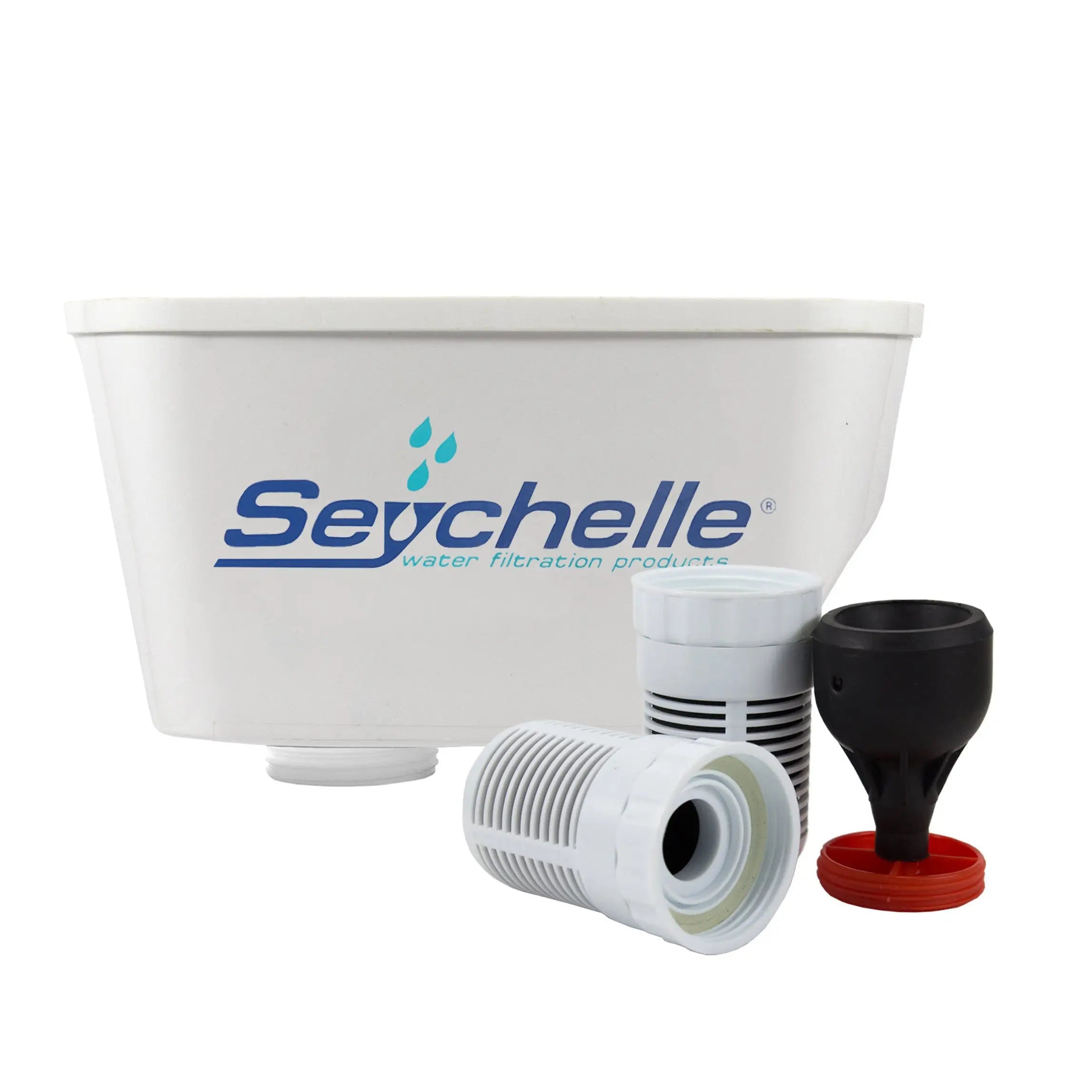 Seychelle water filtration products including a large white container, filter, and funnel on a white background.