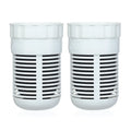 Two white air filter cartridges with black slats on a white background