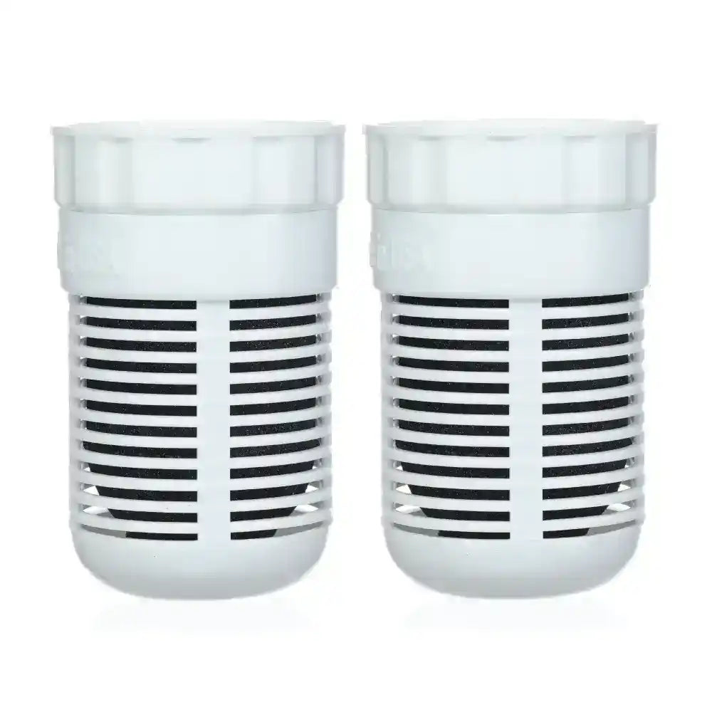 Two white air filter cartridges with black slats on a white background