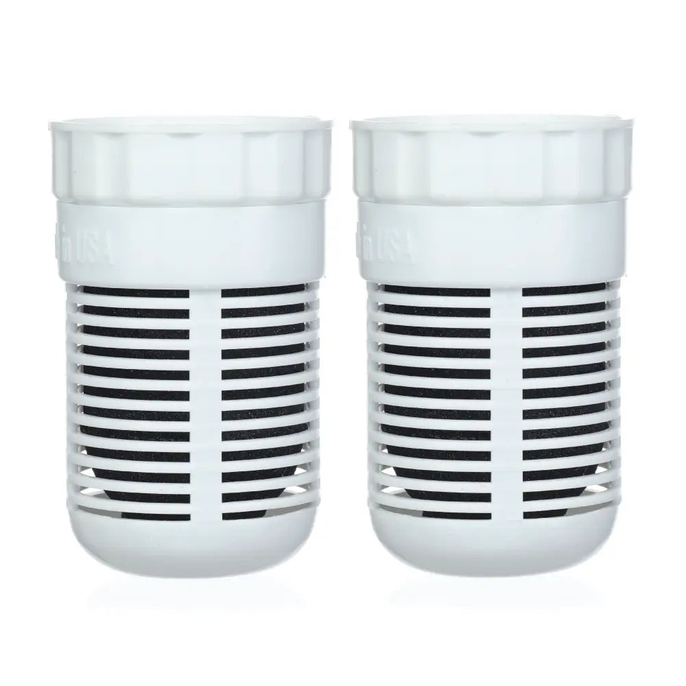 Two white air filter cartridges with black slats on a white background