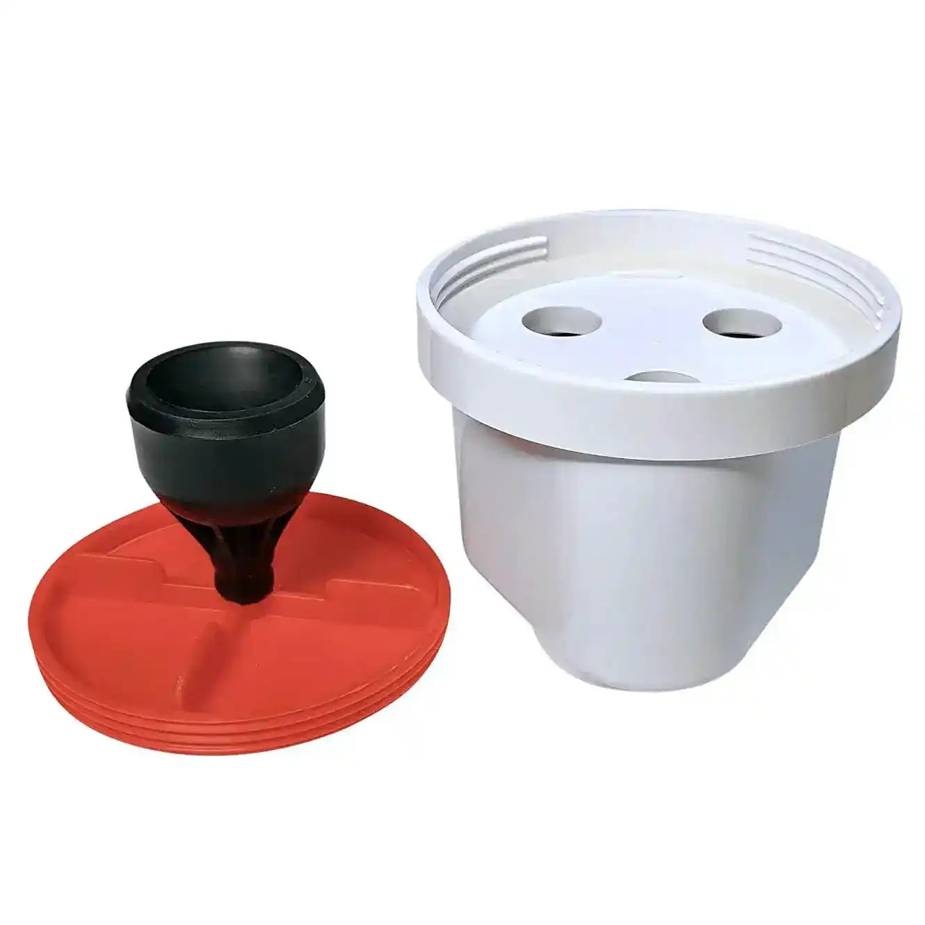 Contenedor blanco con embudo negro y base roja sobre fondo blanco