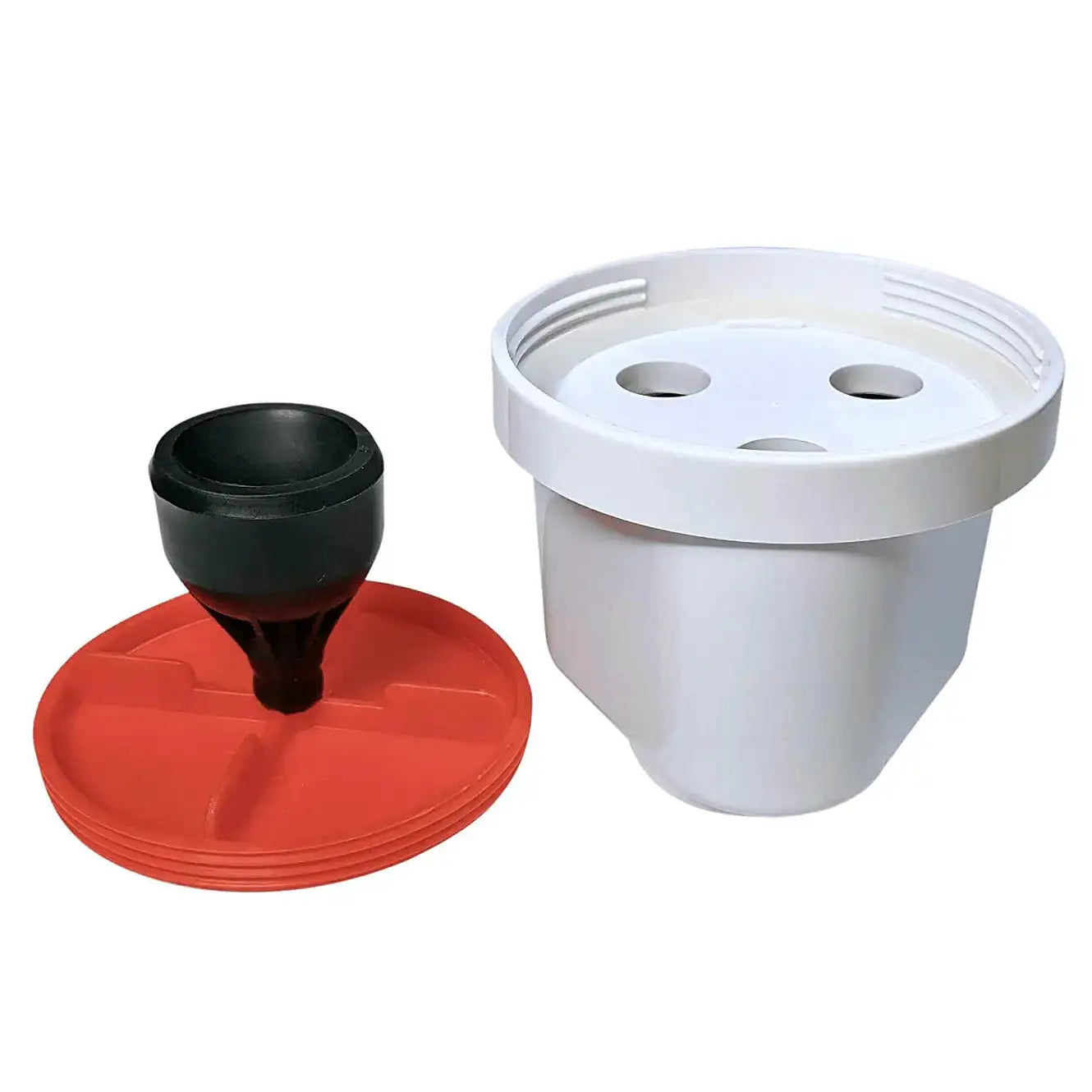 White container with black funnel and red base on a white background