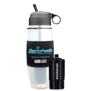Clear water bottle with gray cap and black filter on a white background