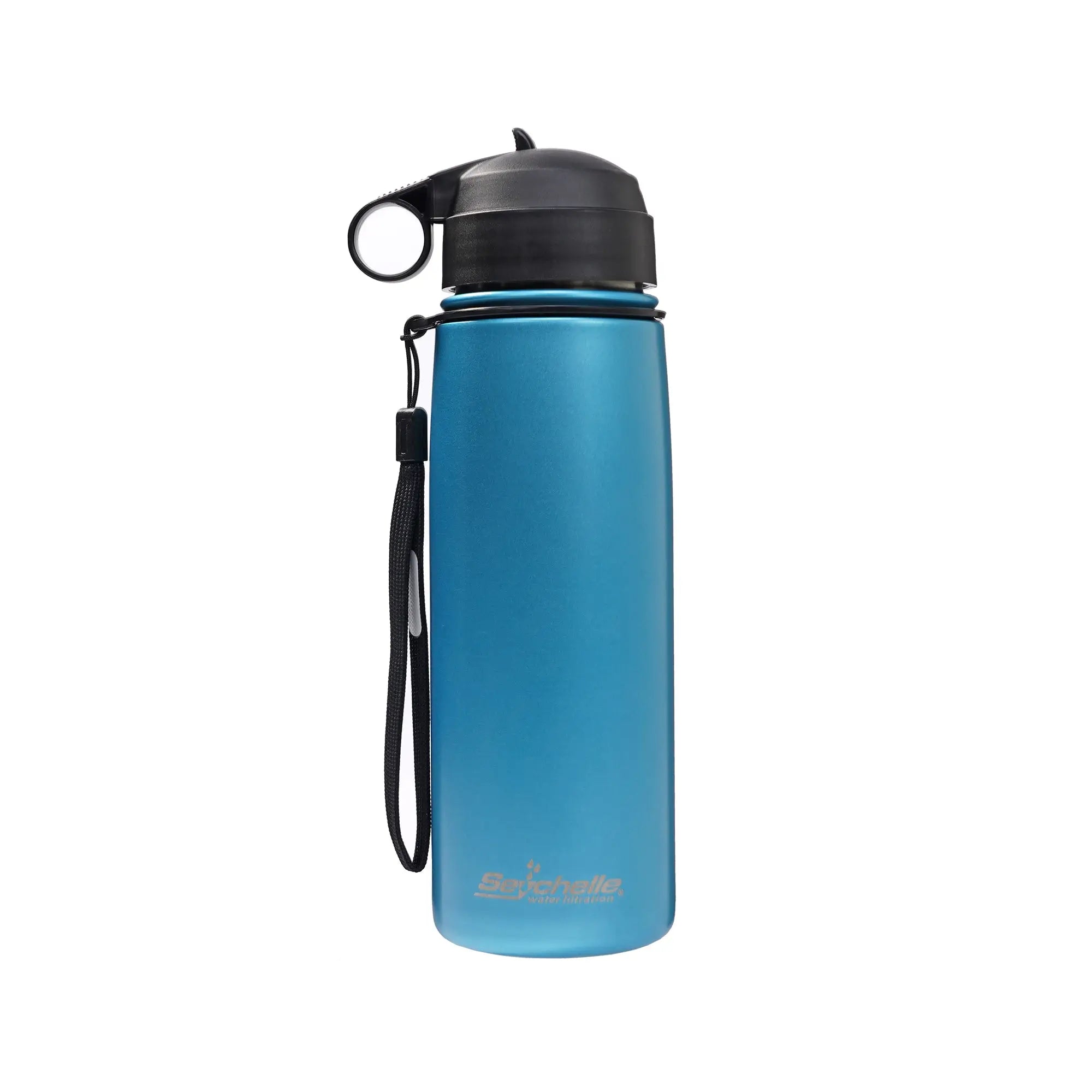 Blue water bottle with black cap and handle on a white background