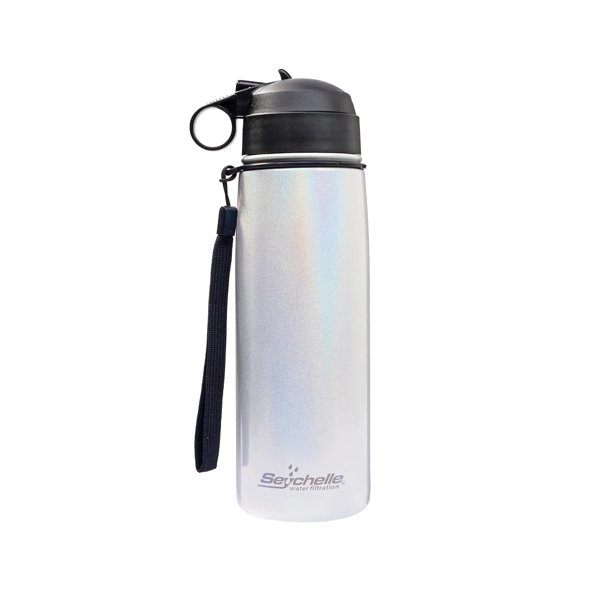 White water bottle with black lid and handle on a white background
